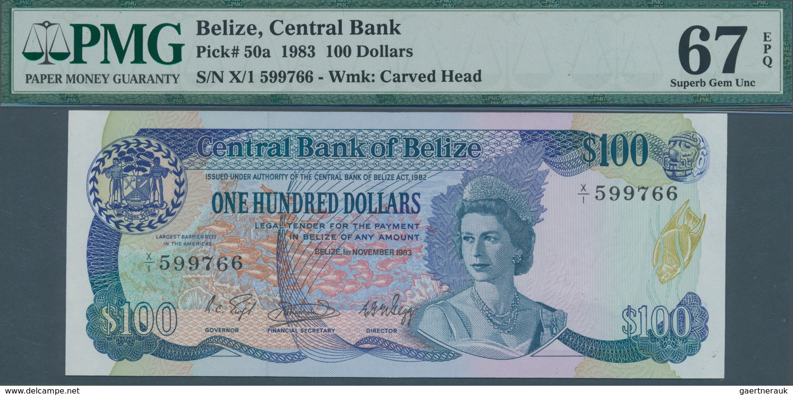 01140 Belize: 100 Dollars 1983, P.50a, Highly Rare Note In Perfect Condition, PMG Graded 67 Superb Gem Unc - Belize