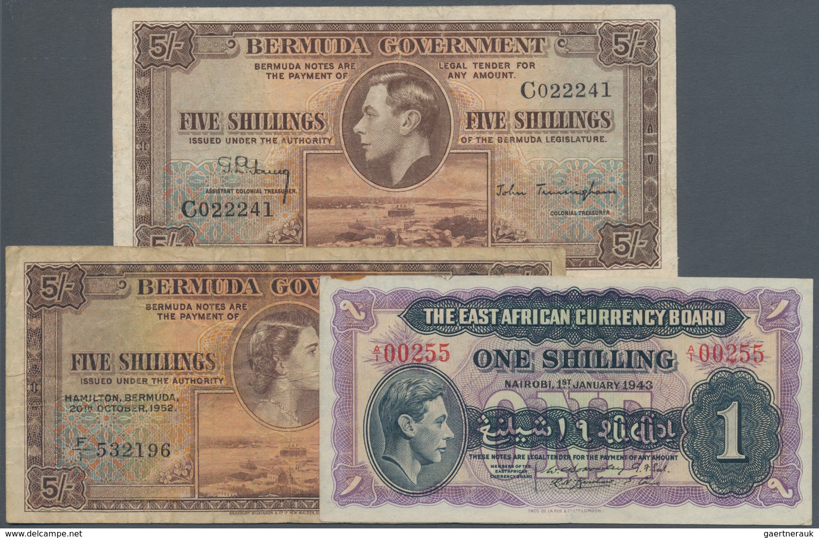 01142 Bermuda: Set With 3 Banknotes Bermuda 5 Shillings 1937, 5 Shillings 1952 And East Africa1 Shilling 1 - Bermuda