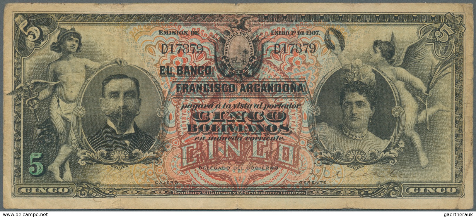 01148 Bolivia / Bolivien:  Banco Francisco Argandoña 5 Bolivianos 1907, P.S150, Lightly Stained Paper With - Bolivia