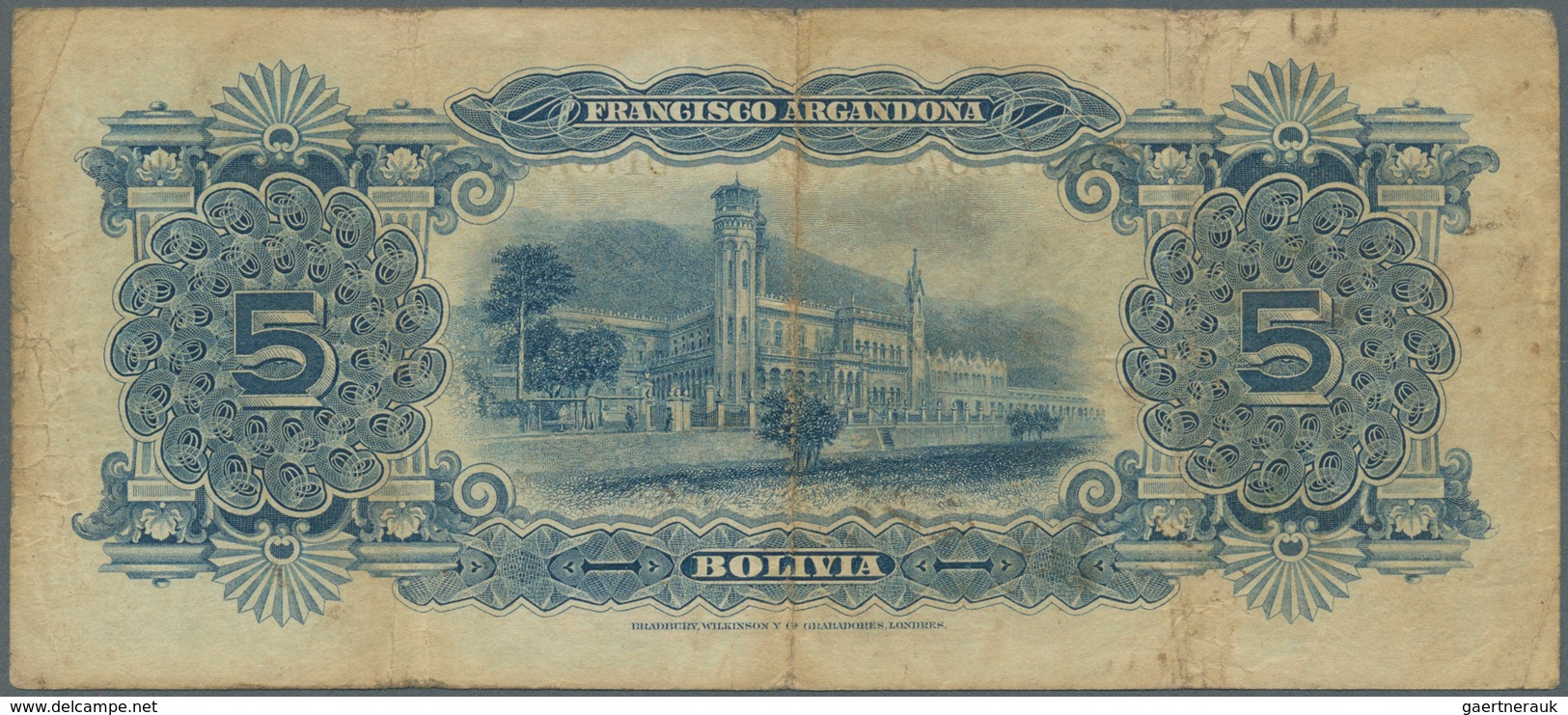 01148 Bolivia / Bolivien:  Banco Francisco Argandoña 5 Bolivianos 1907, P.S150, Lightly Stained Paper With - Bolivië