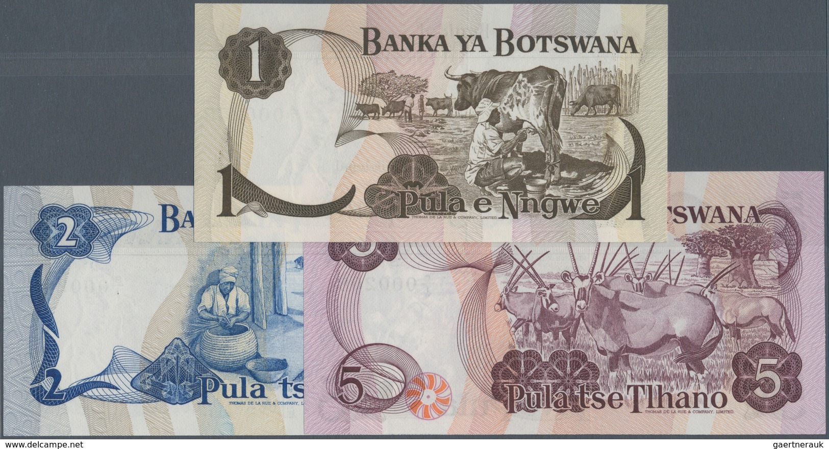 01150 Botswana: Set Of 3 Notes 1, 2 And 5 Pula ND(1976) P. 1-3, All With The Same Serial Number A/1 000208 - Botswana