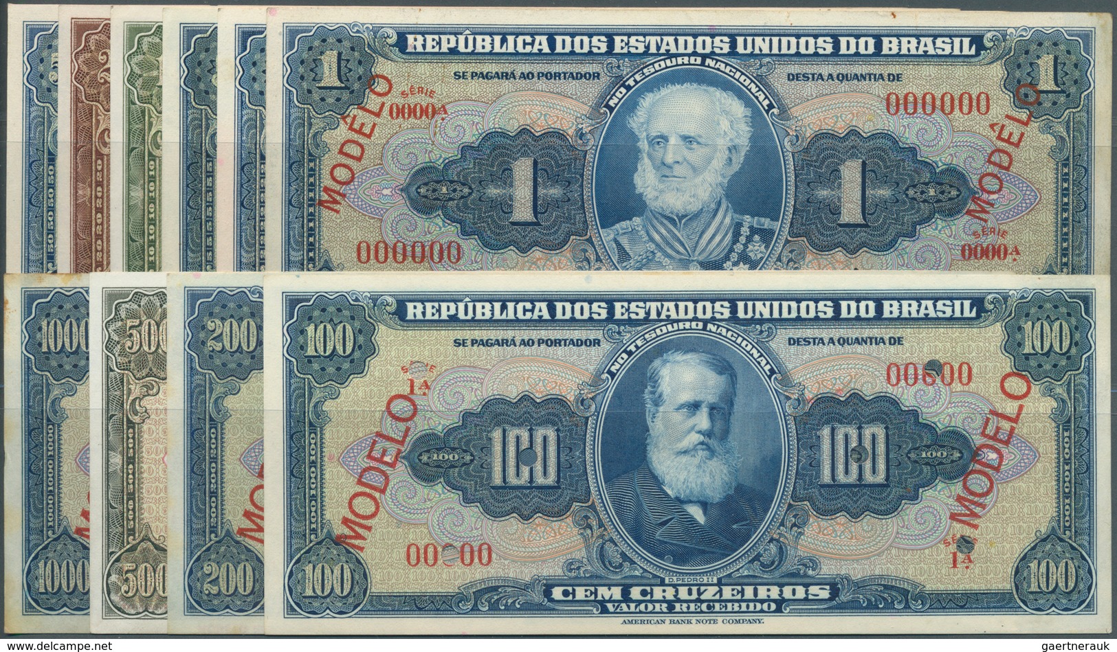 01155 Brazil / Brasilien: Set With 10 Specimens 1 Cruzeiro To 1000 Cruzeiros 1950's, P.150s-154s, 156s, 15 - Brazil