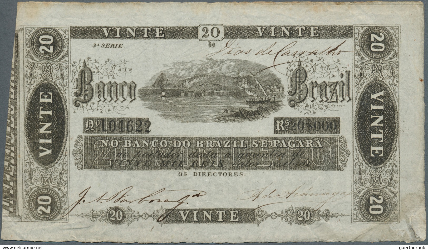 01156 Brazil / Brasilien: 20 Mil Reis ND(1856) P. S246, Creases In Paper, Tear At Lower Right Fixed With S - Brazil