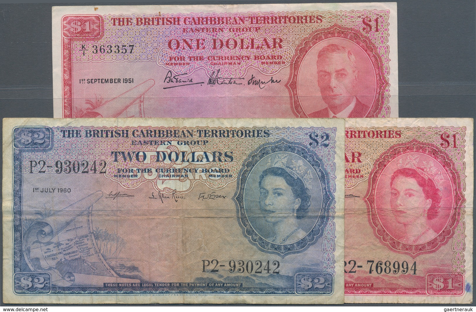 01158 British Caribbean Territories: Set Of 3 Banknotes Containing 1 Dollar 1951 P. 1 (F+), 1 Dollar 1956 - Otros – América
