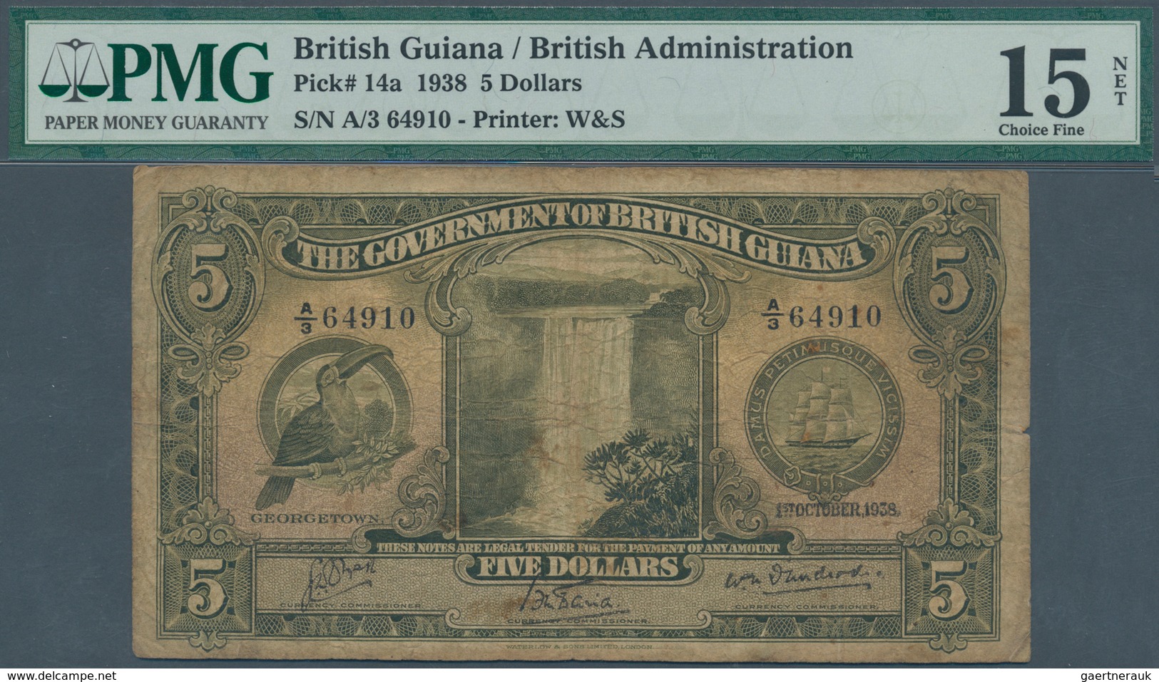 01160 British Guiana / Britisch Guayana: 5 Dollars 1938 P. 14a, Rare Note, PMG Graded 15 Choice Fine Net. - Guyana