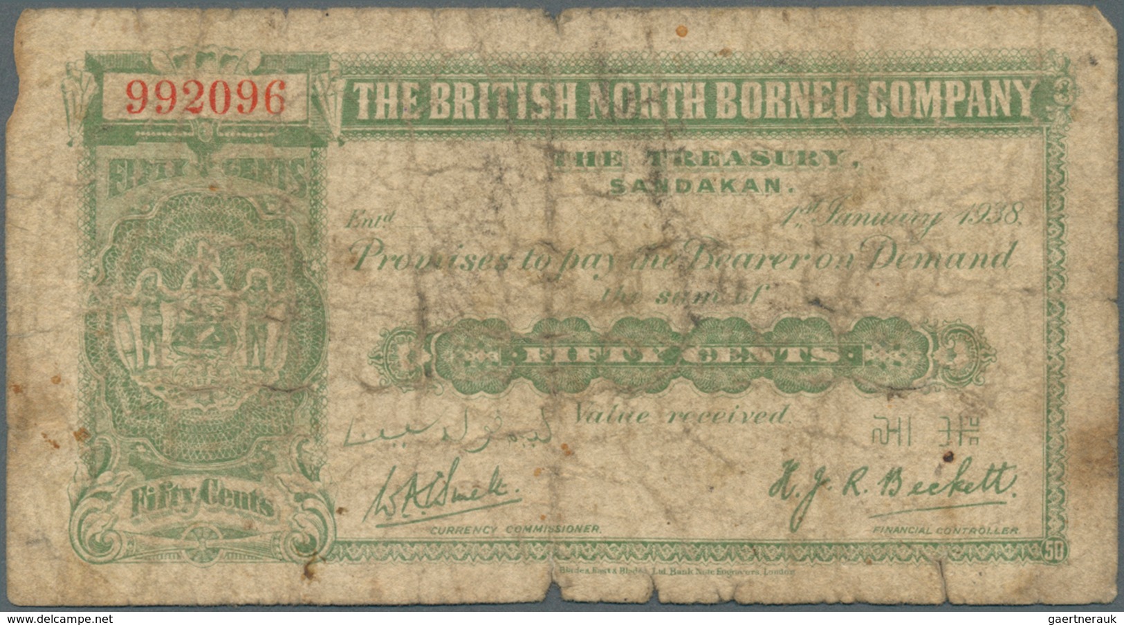 01162 British North Borneo: 50 Cents 1938 In Stronger Used Condition With Several Folds, Creases, Stain An - Other - Africa