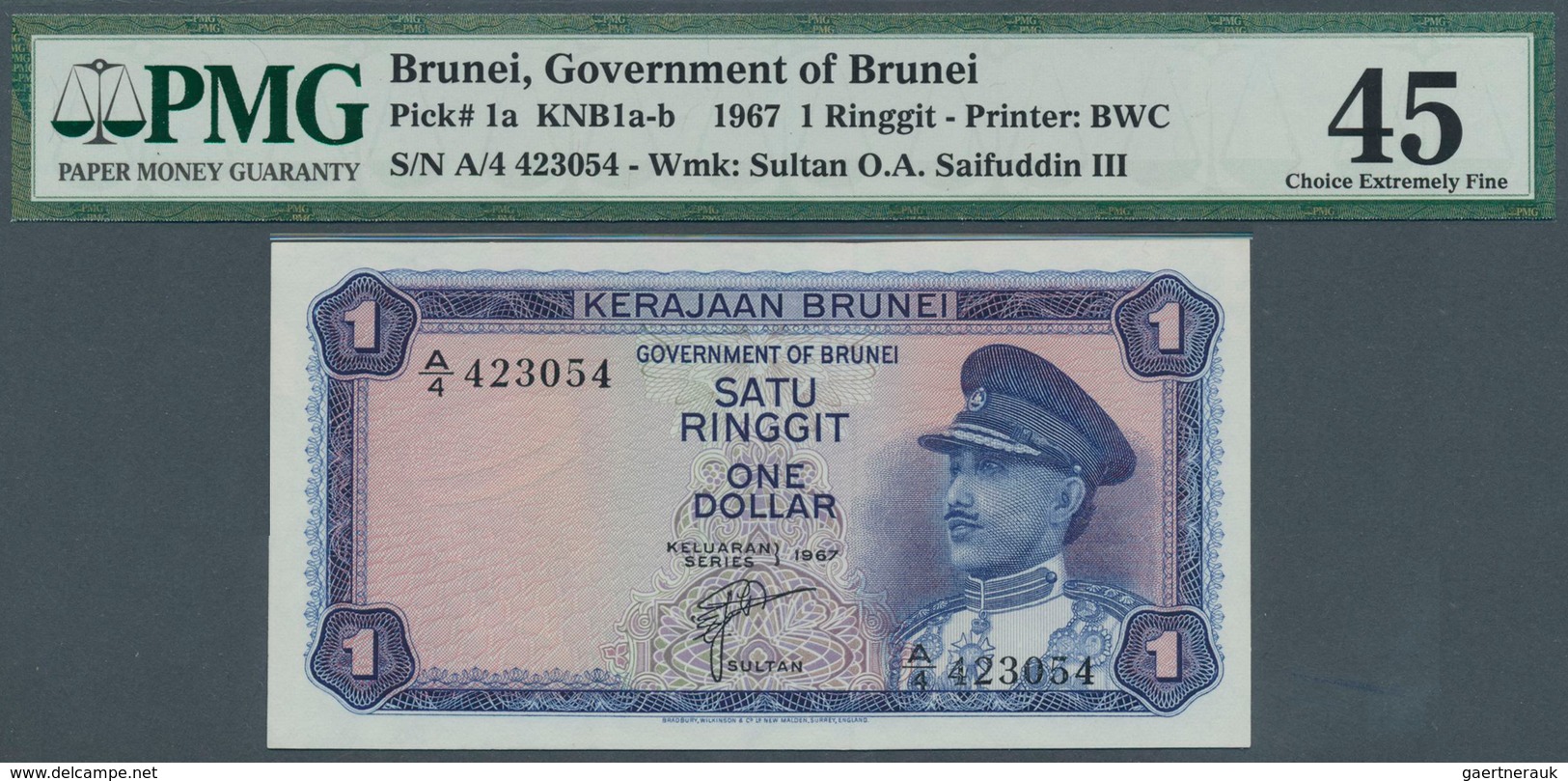 01167 Brunei: 1 Ringgit 1967 P. 1a, Condition: PMG Graded 45 Choice XF. - Brunei