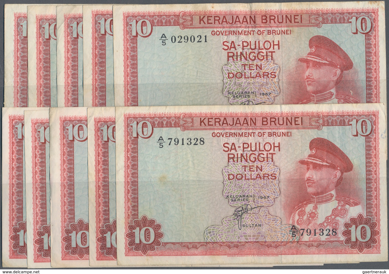 01170 Brunei: Set With 10 Banknotes 10 Ringgit 1967, P.3 In F To VF Condition (10 Pcs.) - Brunei