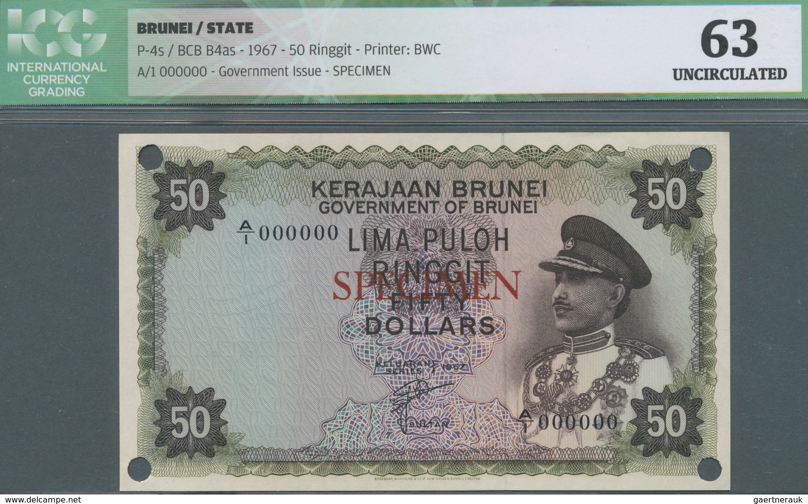 01171 Brunei: 50 Ringgit 1967 SPECIMEN, P.4s, ICG Graded 63 Uncirculated - Brunei