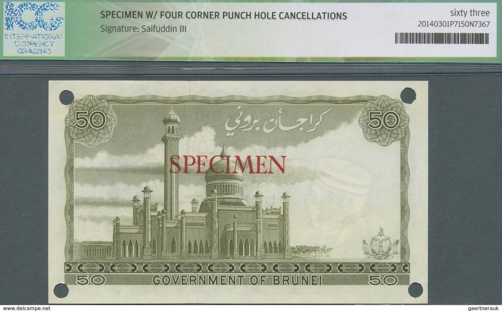 01171 Brunei: 50 Ringgit 1967 SPECIMEN, P.4s, ICG Graded 63 Uncirculated - Brunei