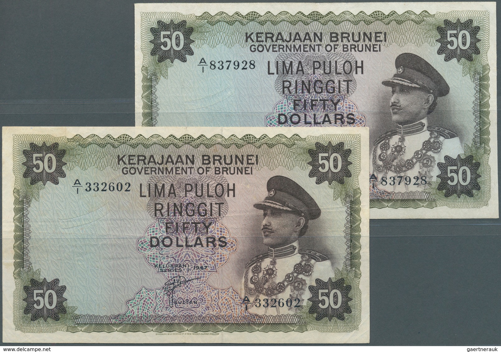 01172 Brunei: Set Of 2 Pcs 50 Ringgit 1967 P. 4, Used With Folds And Creases In Paper, No Holes Or Tears, - Brunei