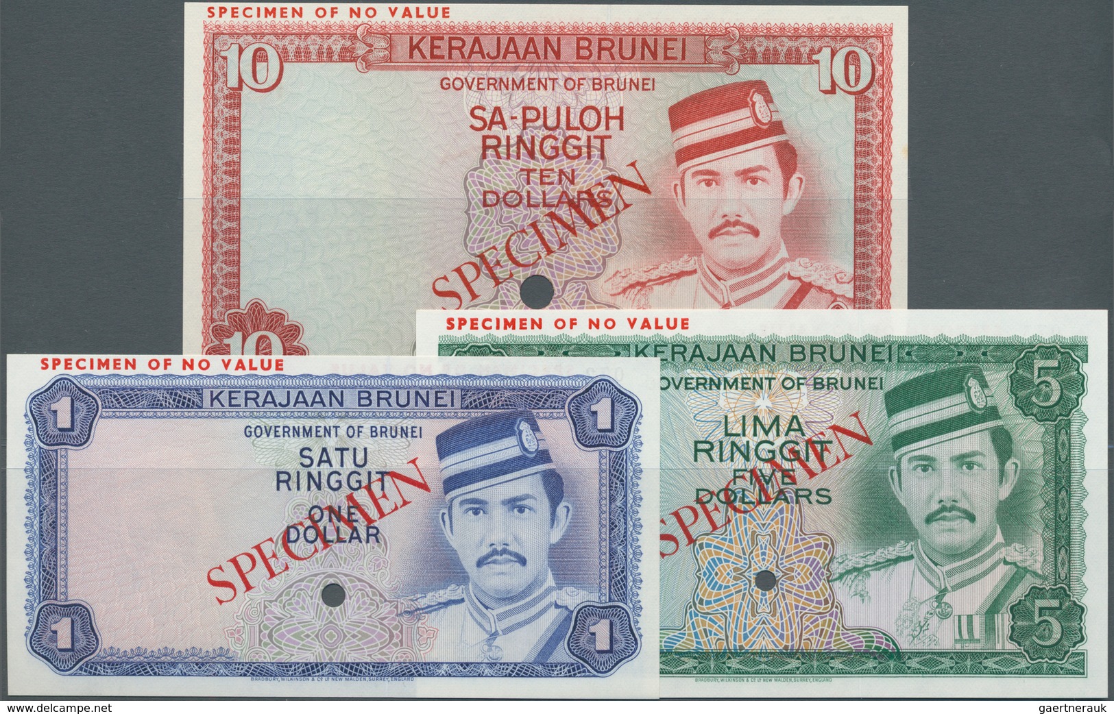 01175 Brunei: Set Of 3 Specimen Banknotes 1, 5 And 10 Ringgit ND P. 6s-8s In Condition: UNC. (3 Pcs) - Brunei