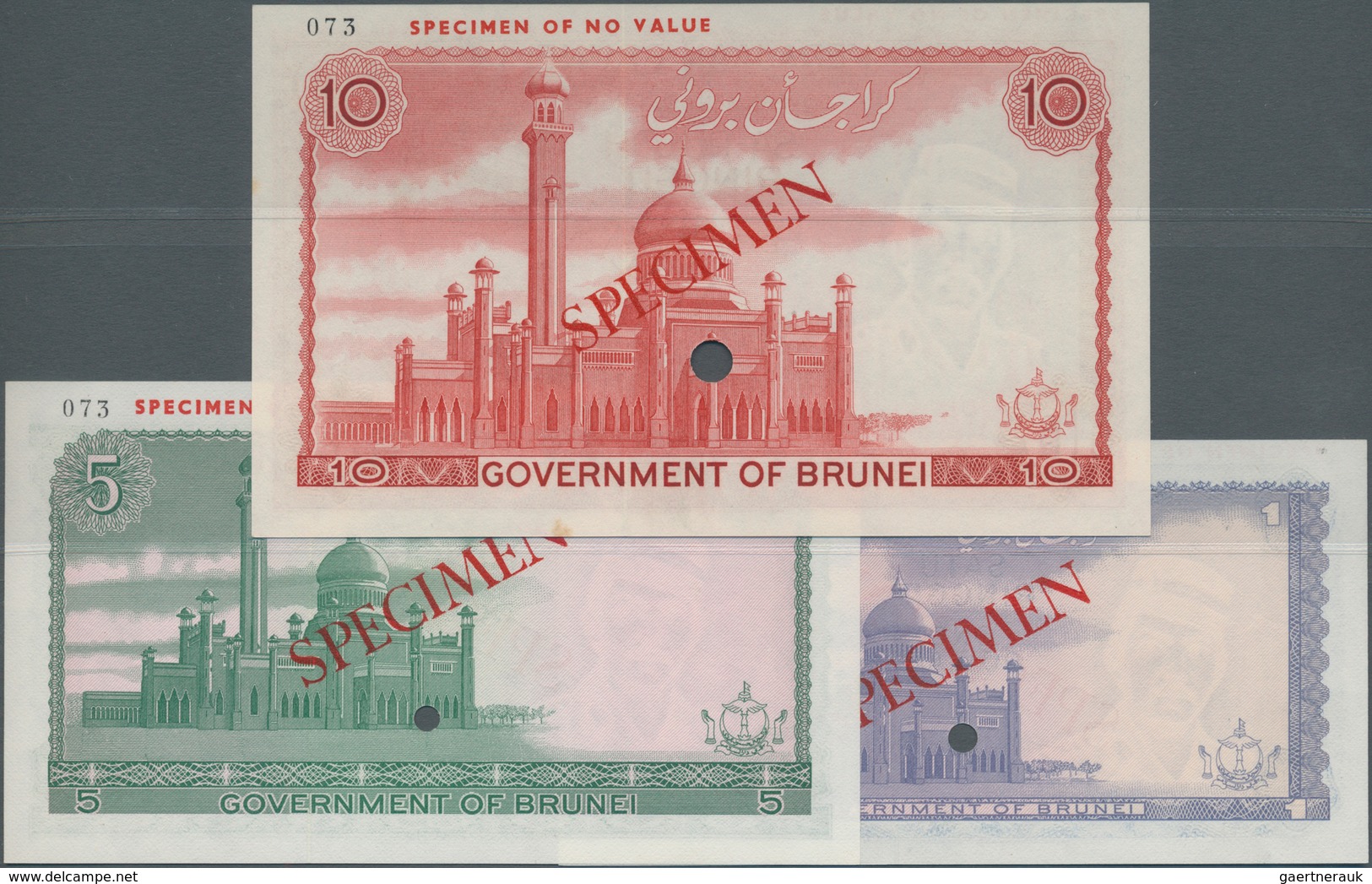 01175 Brunei: Set Of 3 Specimen Banknotes 1, 5 And 10 Ringgit ND P. 6s-8s In Condition: UNC. (3 Pcs) - Brunei