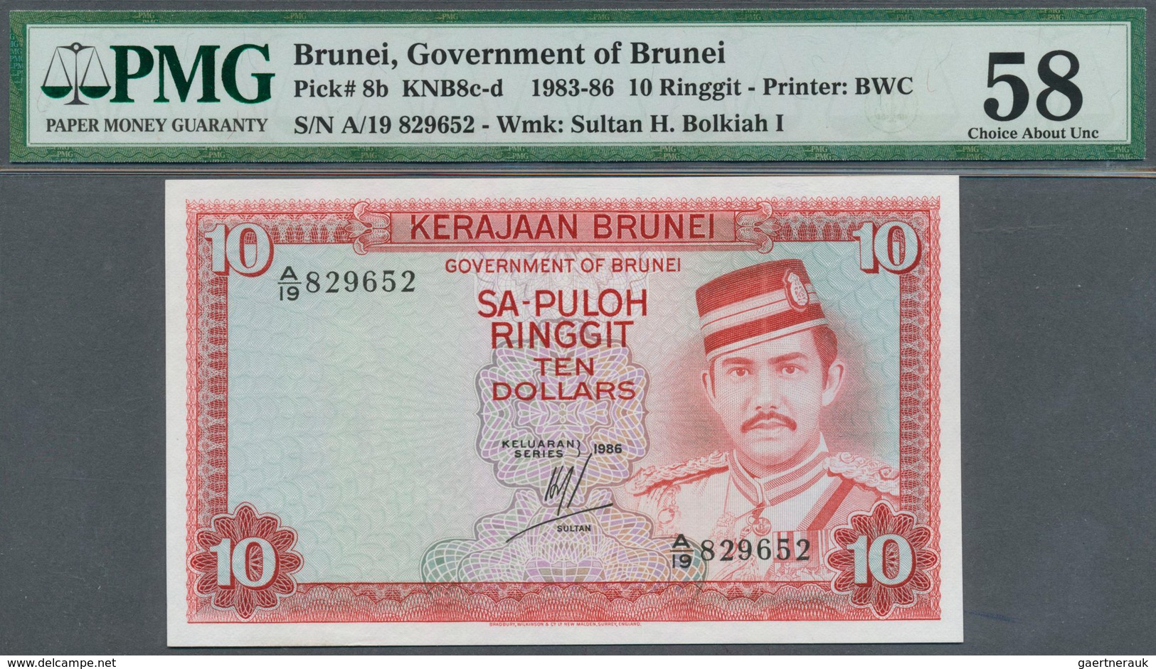 01176 Brunei: 10 Ringgit 1986 P. 8b, Condition: PMG Graded 58 Choice AUNC. - Brunei