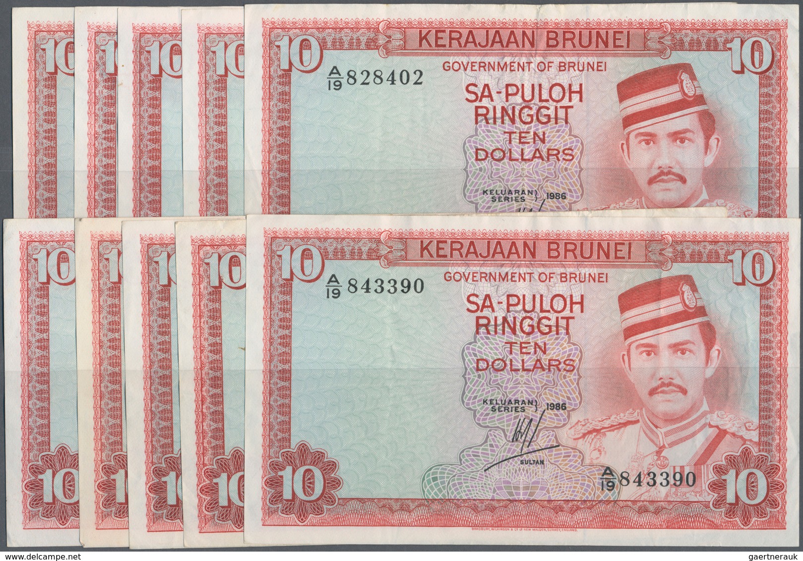 01177 Brunei: Set With 10 Pcs. 10 Ringgit 1986, P.8 In About VF Condition (10 Pcs.) - Brunei