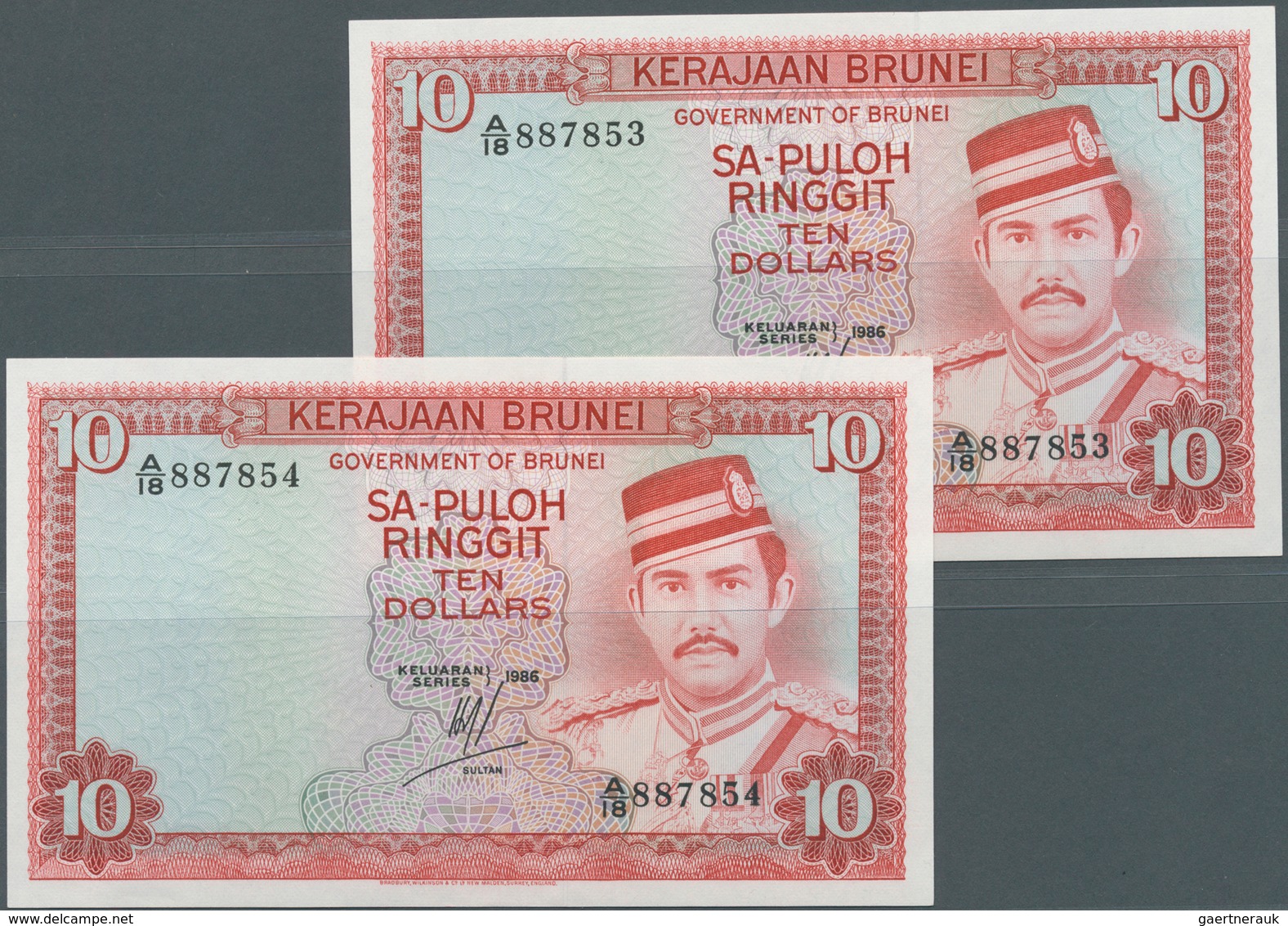 01178 Brunei: Set Of 2 CONSECUTIVE Notes 10 Dollars 1986 P. 8, Both In Condition: UNC. (2 Pcs Consecutive) - Brunei