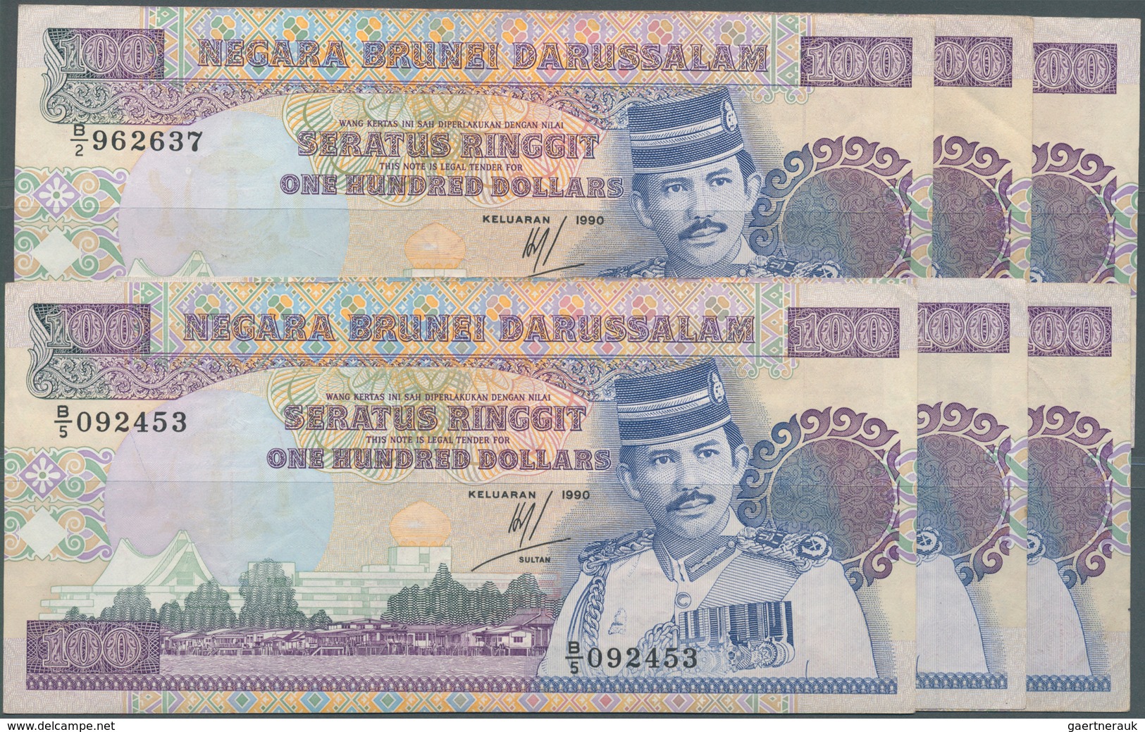 01190 Brunei: Set Of 6 Pcs 100 Ringgit 1990 P. 17, All In Similar Condition, Used With Folds And Creases B - Brunei