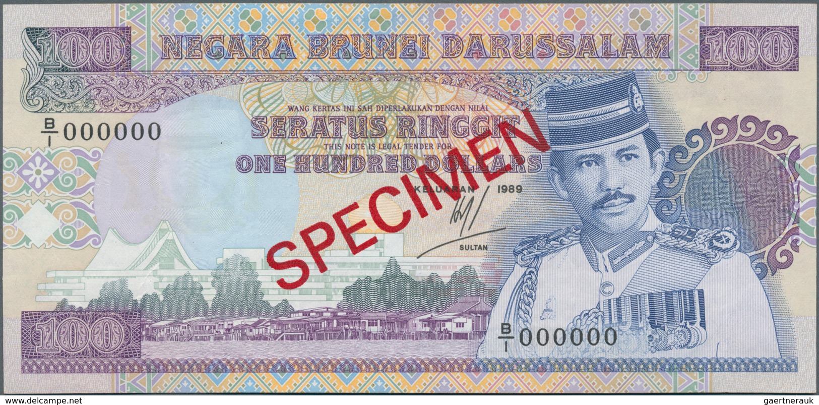 01191 Brunei: 100 Ringgit 1989 Specimen P. 17s, Light Dint At Upper Border, Condition: AUNC. - Brunei