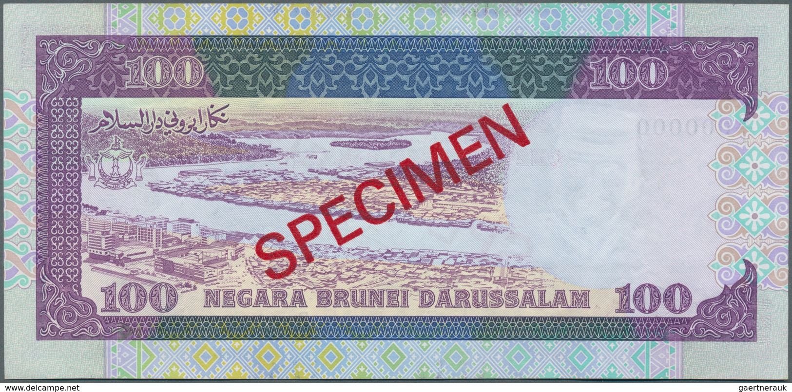 01191 Brunei: 100 Ringgit 1989 Specimen P. 17s, Light Dint At Upper Border, Condition: AUNC. - Brunei