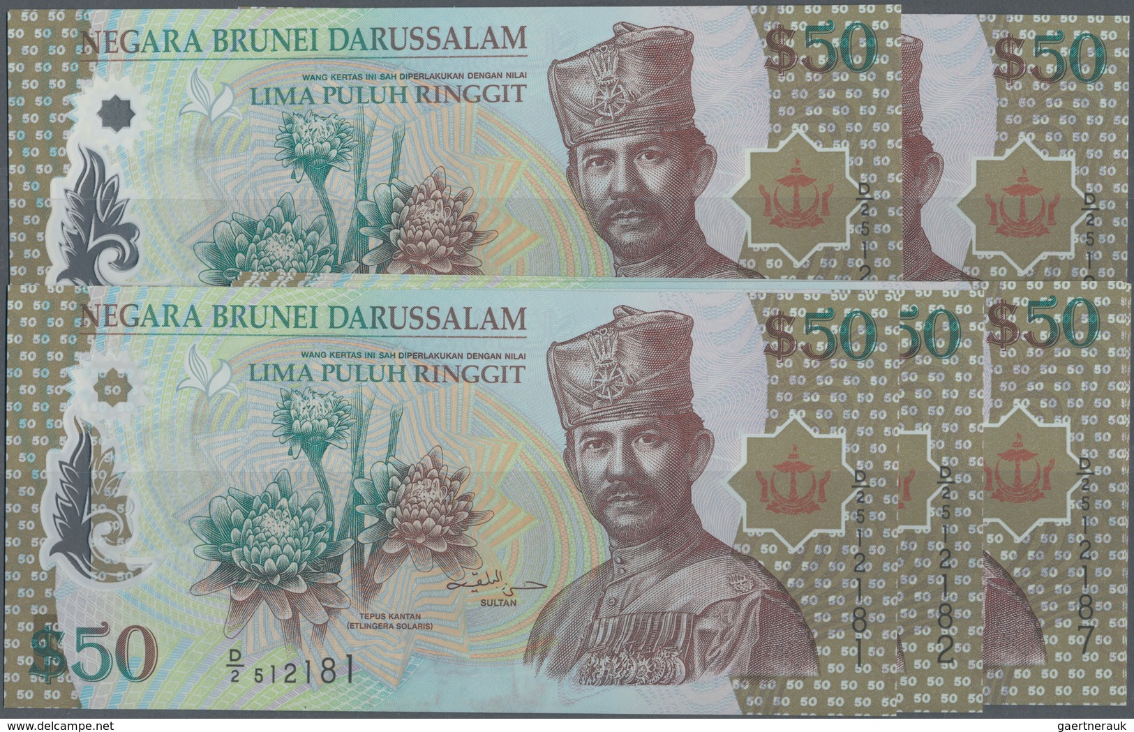 01197 Brunei: Set With 10 Pcs. 50 Ringgit 2004, P.28, Some With Running Numbers In UNC (10 Pcs.) - Brunei