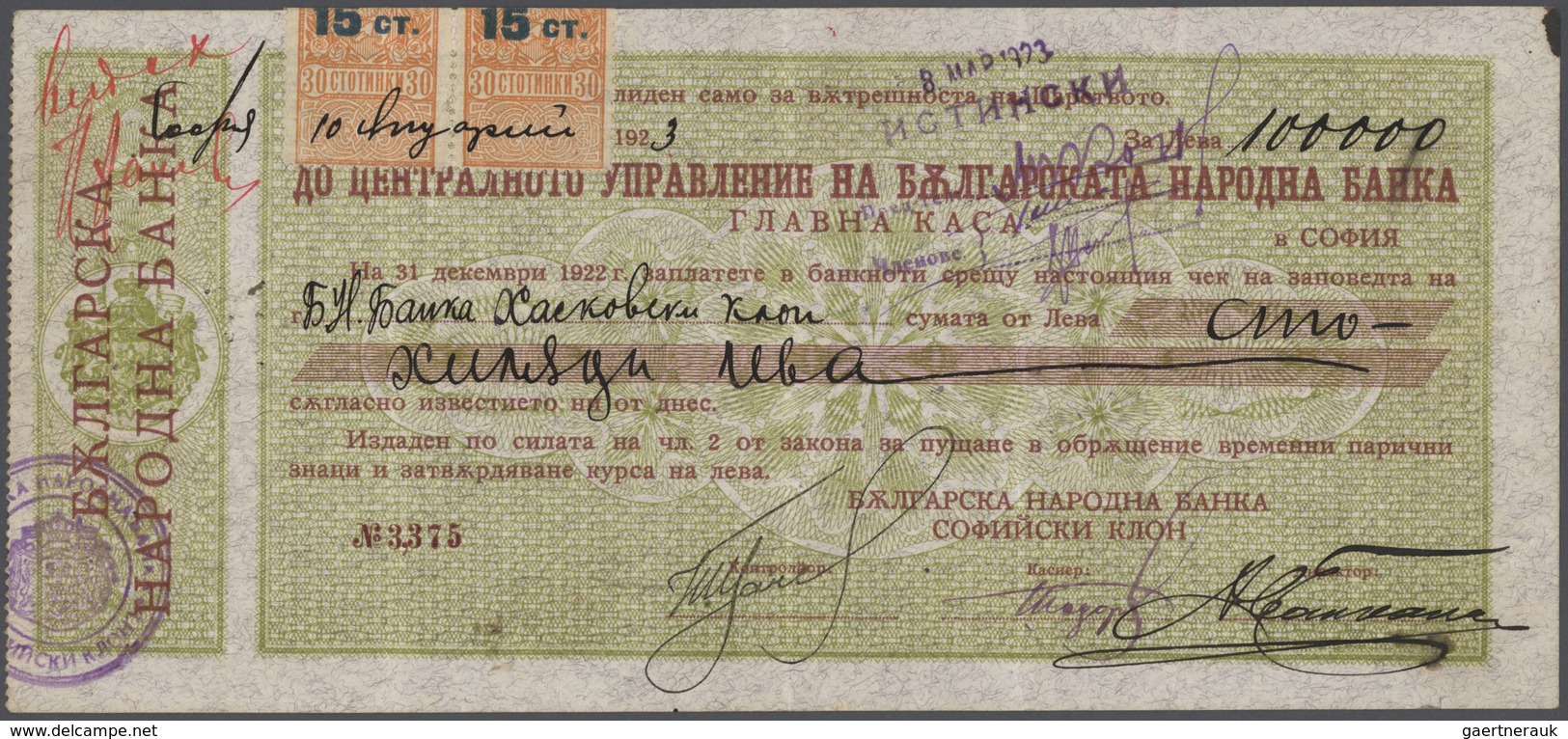 01216 Bulgaria / Bulgarien: 100.000 Leva 1922 P. 33C, 5 Vertical Folds, Handling In Paper, Pinholes At Lef - Bulgaria