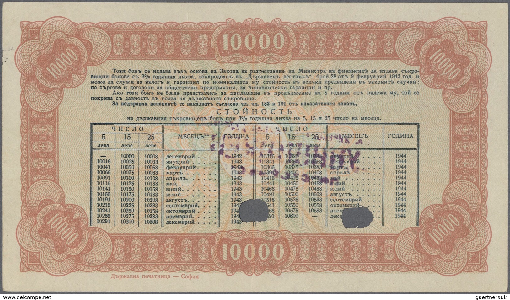 01220 Bulgaria / Bulgarien: 10.000 Leva 1942 P. 67D, Very Light Center Fold And Light Corner Folding At Up - Bulgaria