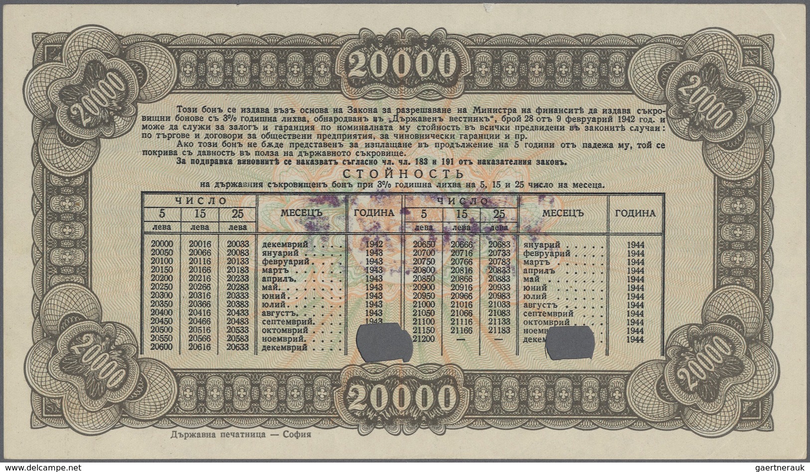 01221 Bulgaria / Bulgarien: 20.000 Leva 1942 P. 67E, 2 Cancellation Holes, Stamped In Center, 2mm Tear And - Bulgarije