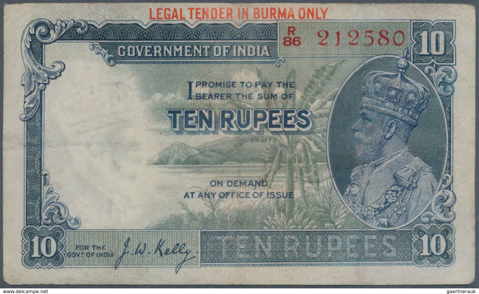 01224 Burma / Myanmar / Birma: 10 Rupees ND(1937) P. 2a, Pressed But Still Nice Colors, No Holes Or Tears, - Myanmar