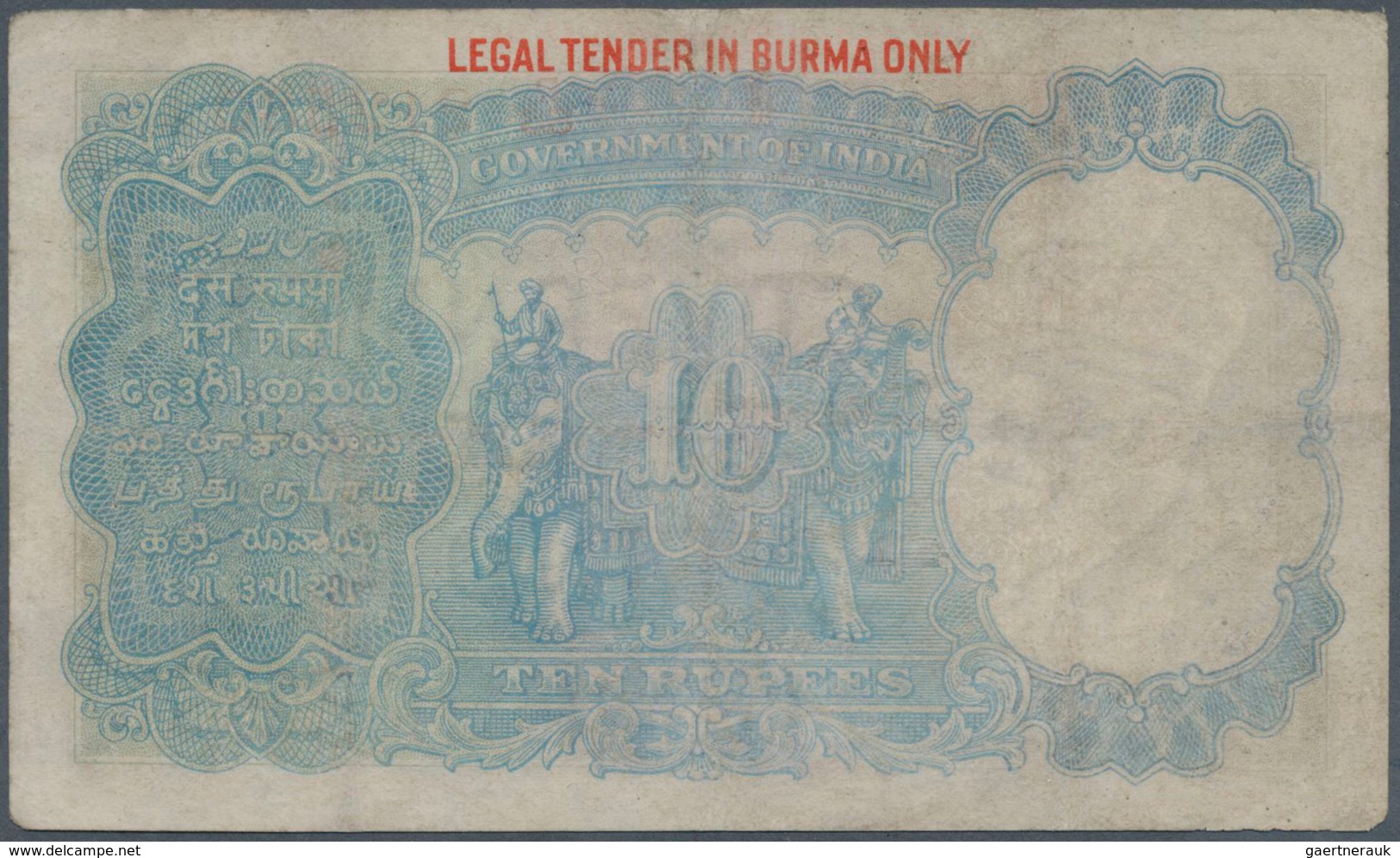 01224 Burma / Myanmar / Birma: 10 Rupees ND(1937) P. 2a, Pressed But Still Nice Colors, No Holes Or Tears, - Myanmar
