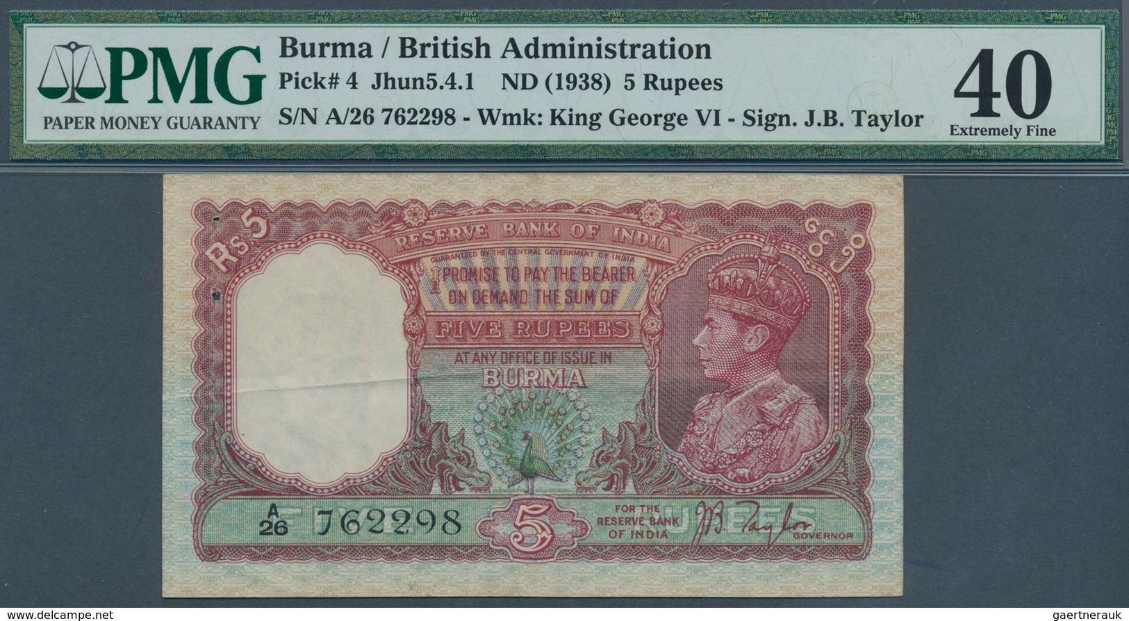 01225 Burma / Myanmar / Birma: 5 Rupees ND(1938) P. 4, Condition: PMG Graded 40 XF. - Myanmar