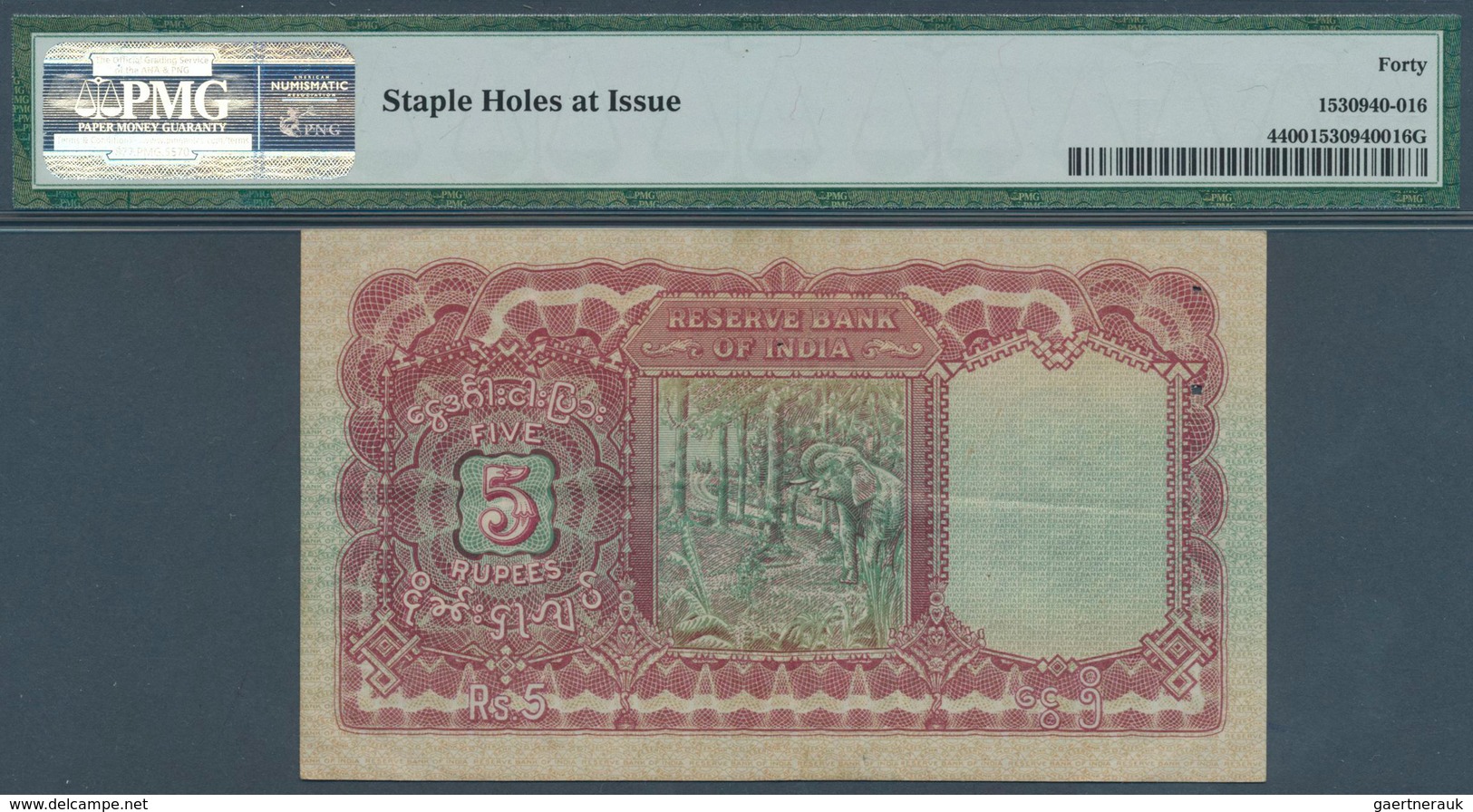 01225 Burma / Myanmar / Birma: 5 Rupees ND(1938) P. 4, Condition: PMG Graded 40 XF. - Myanmar