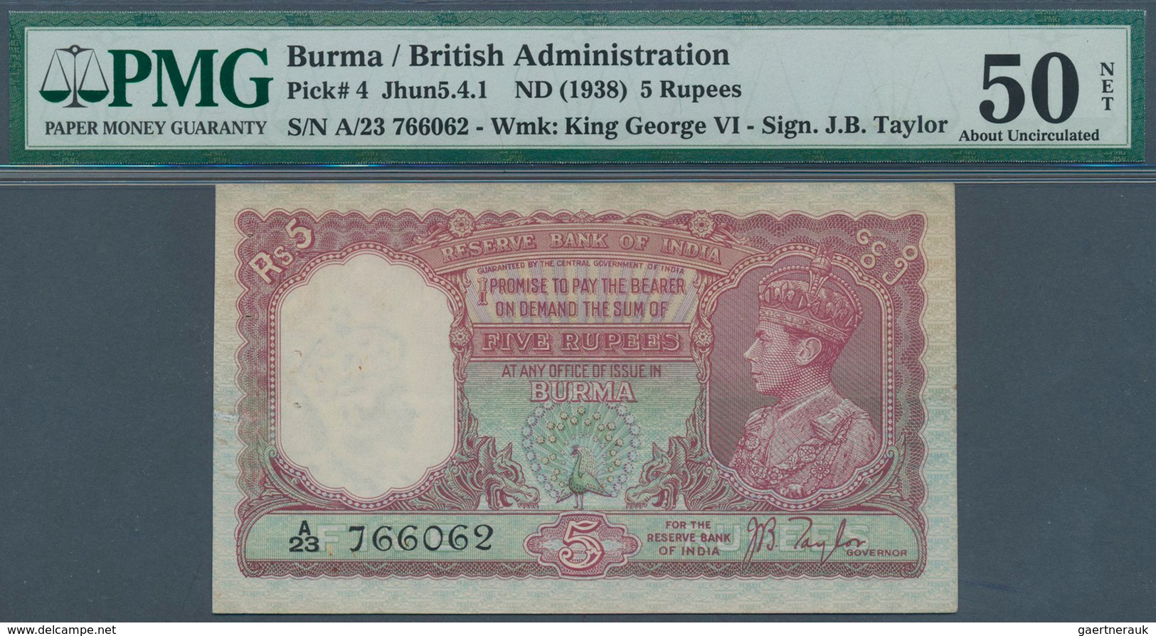 01226 Burma / Myanmar / Birma: 5 Rupees ND(1938) P. 4, Condition: PMG Graded 50 AUNC NET. - Myanmar