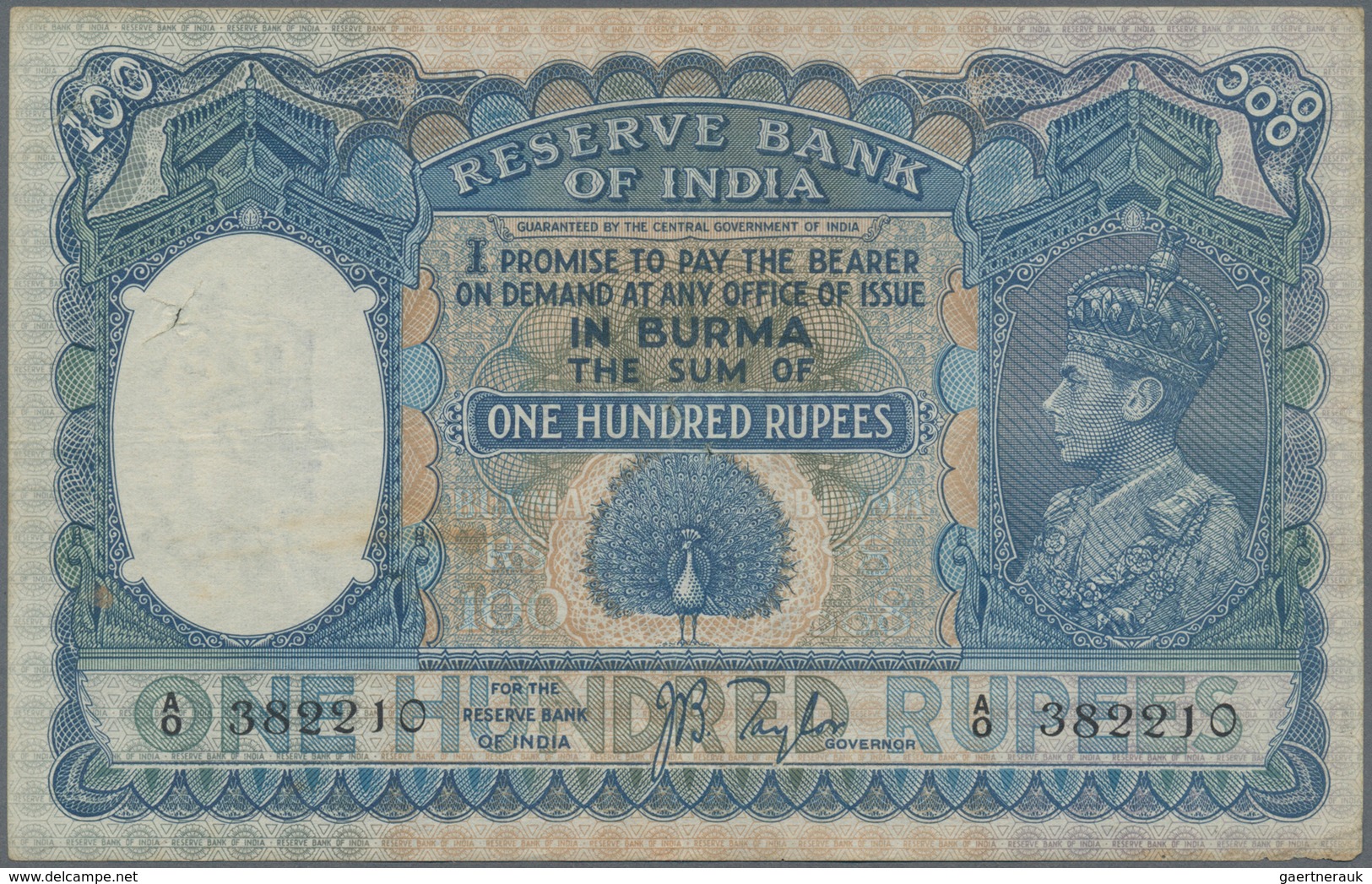 01228 Burma / Myanmar / Birma: Reserve Bank Of India 100 Rupees (1938-1939) "George VI" Issue, P.6, Highly - Myanmar