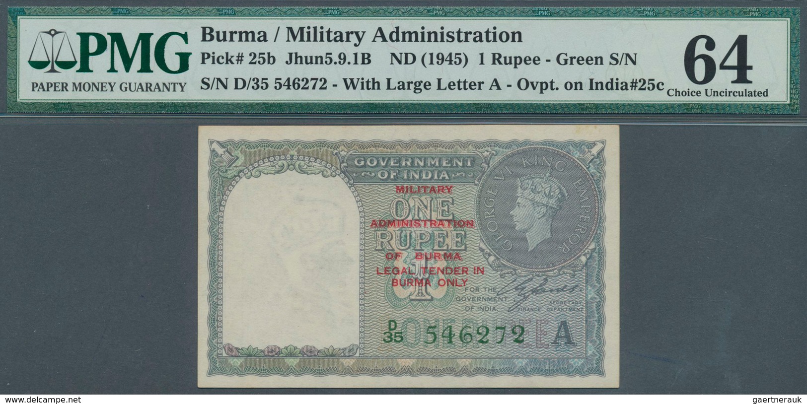 01232 Burma / Myanmar / Birma: 1 Rupee ND(1945) P. 25b, Condition: PMG Graded 64 Choice UNC. - Myanmar