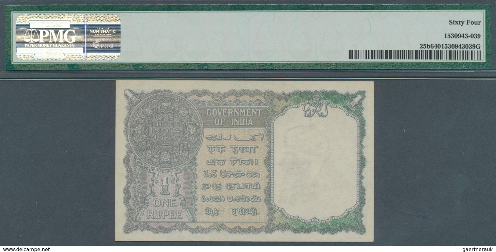 01232 Burma / Myanmar / Birma: 1 Rupee ND(1945) P. 25b, Condition: PMG Graded 64 Choice UNC. - Myanmar