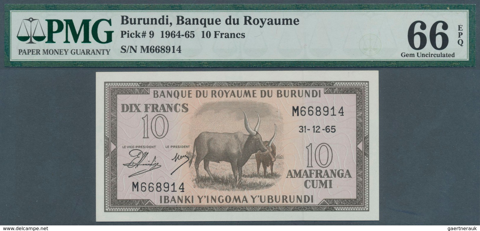 01236 Burundi: 10 Francs 1965 P. 9, Condition: PMG Graded 66 GEM UNC EPQ. - Burundi