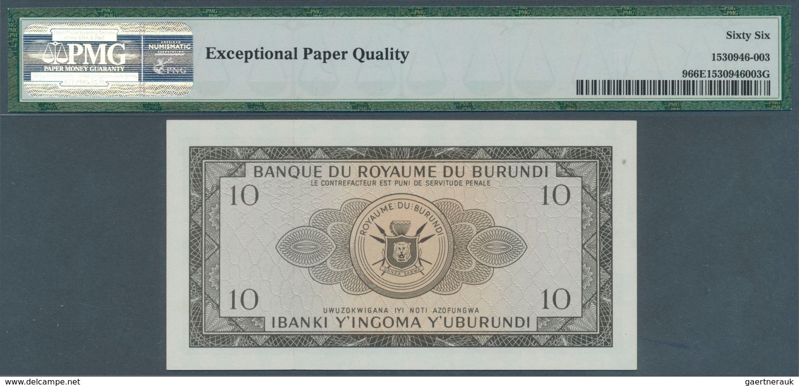 01236 Burundi: 10 Francs 1965 P. 9, Condition: PMG Graded 66 GEM UNC EPQ. - Burundi