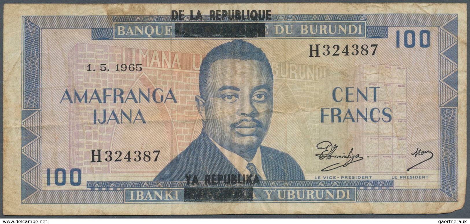 01237 Burundi: 100 Francs 1965 With Black Overprint "De La Republique" P. 17 In Used Condition With Folds - Burundi