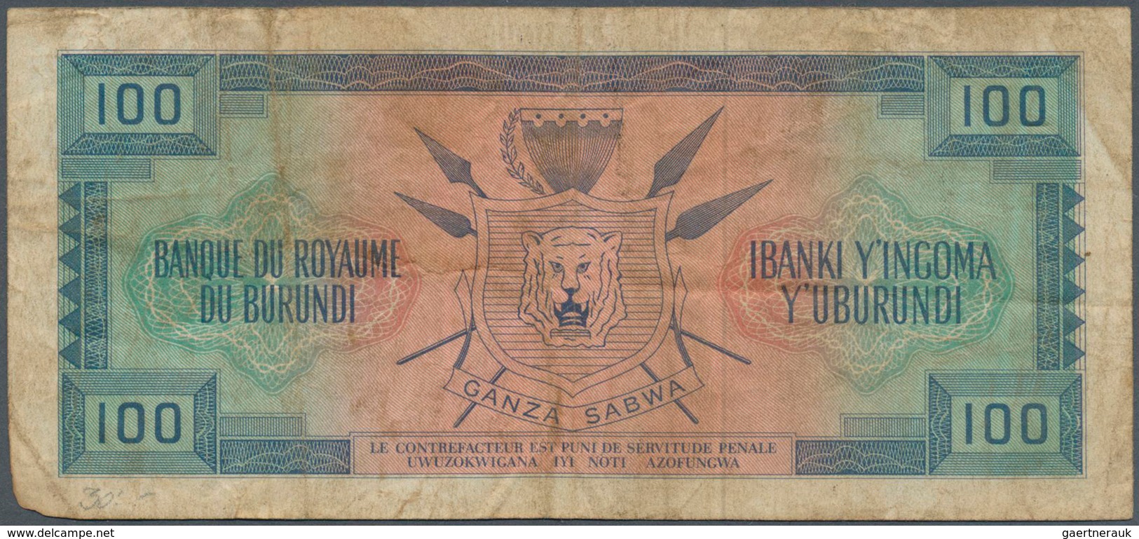 01237 Burundi: 100 Francs 1965 With Black Overprint "De La Republique" P. 17 In Used Condition With Folds - Burundi