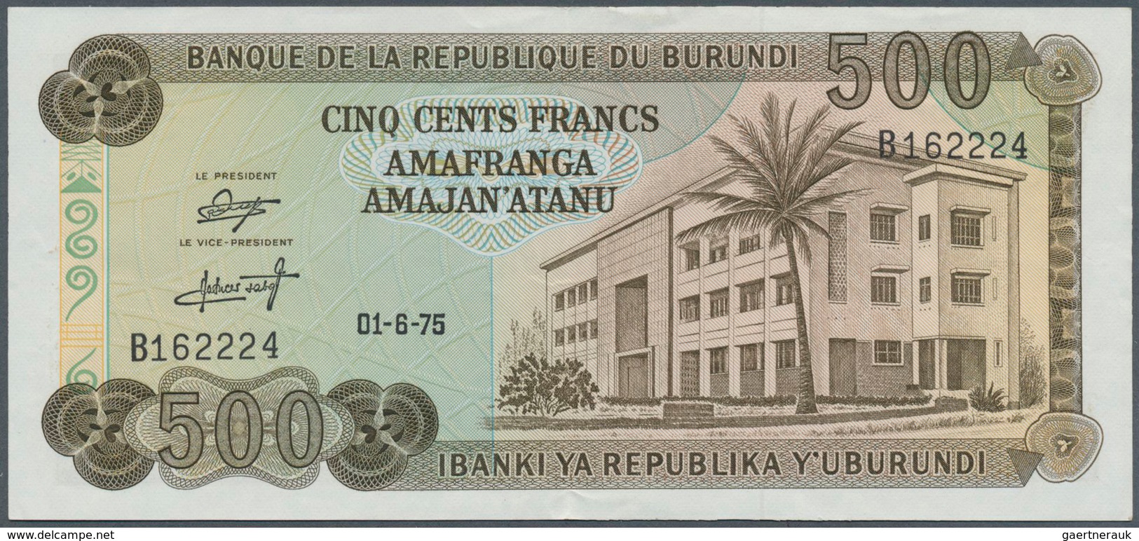 01238 Burundi: 500 Francs 1975 P. 24c, Highly Rare Note In This Condition, Light Vertical Folds And Crease - Burundi