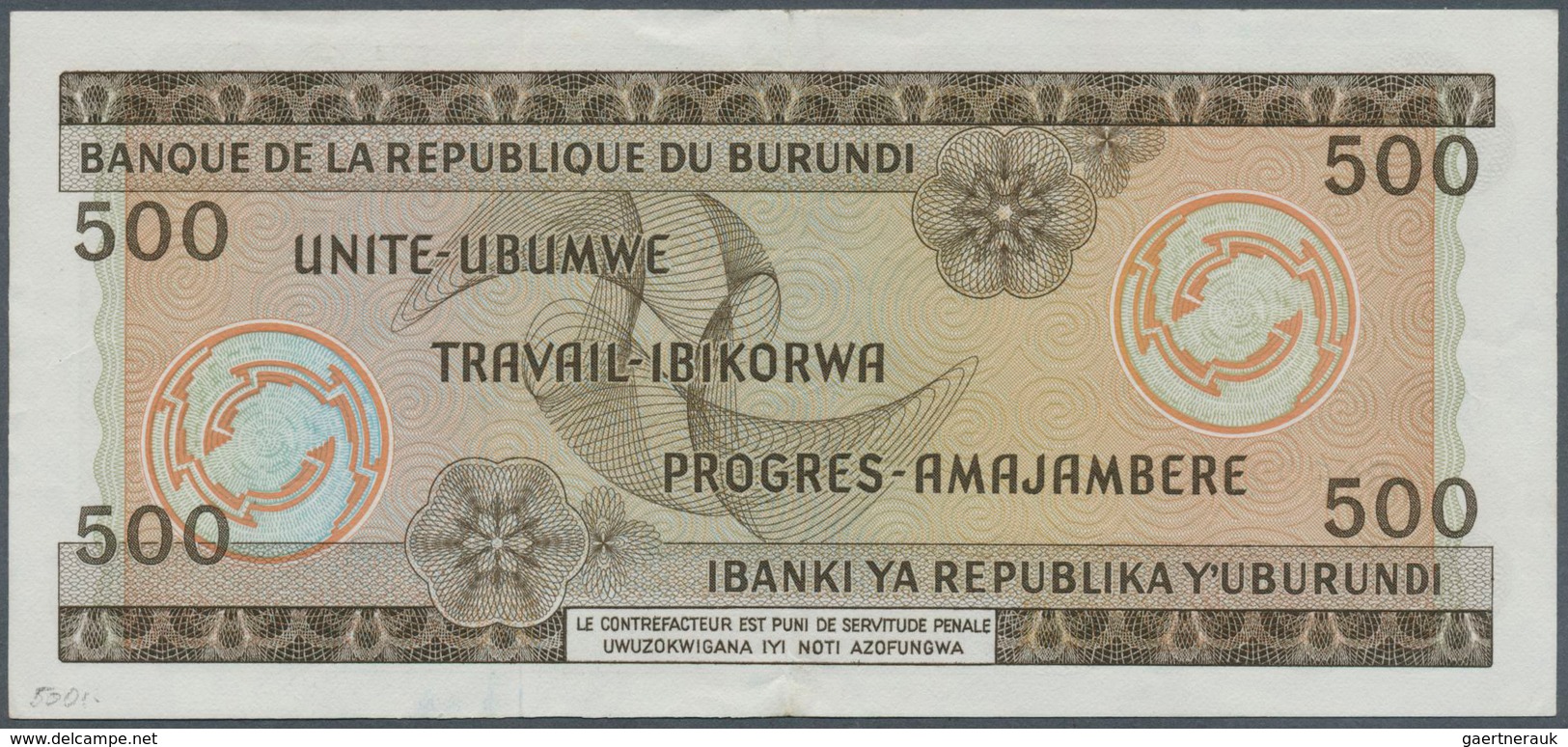 01238 Burundi: 500 Francs 1975 P. 24c, Highly Rare Note In This Condition, Light Vertical Folds And Crease - Burundi