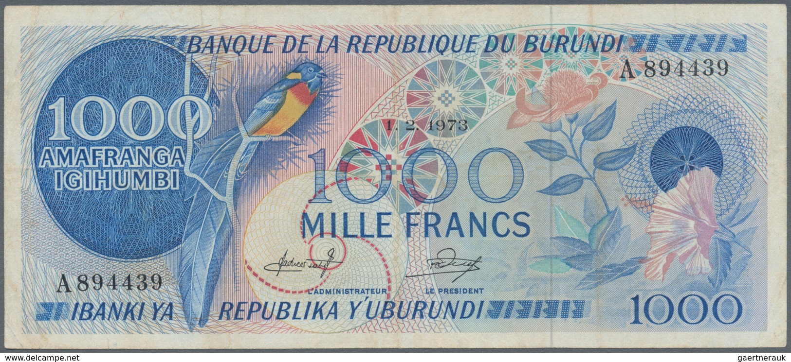 01239 Burundi: 1000 Francs 1973 P. 25a, Used With Folds, Pressed, No Holes Or Tears, Still Strongness In P - Burundi