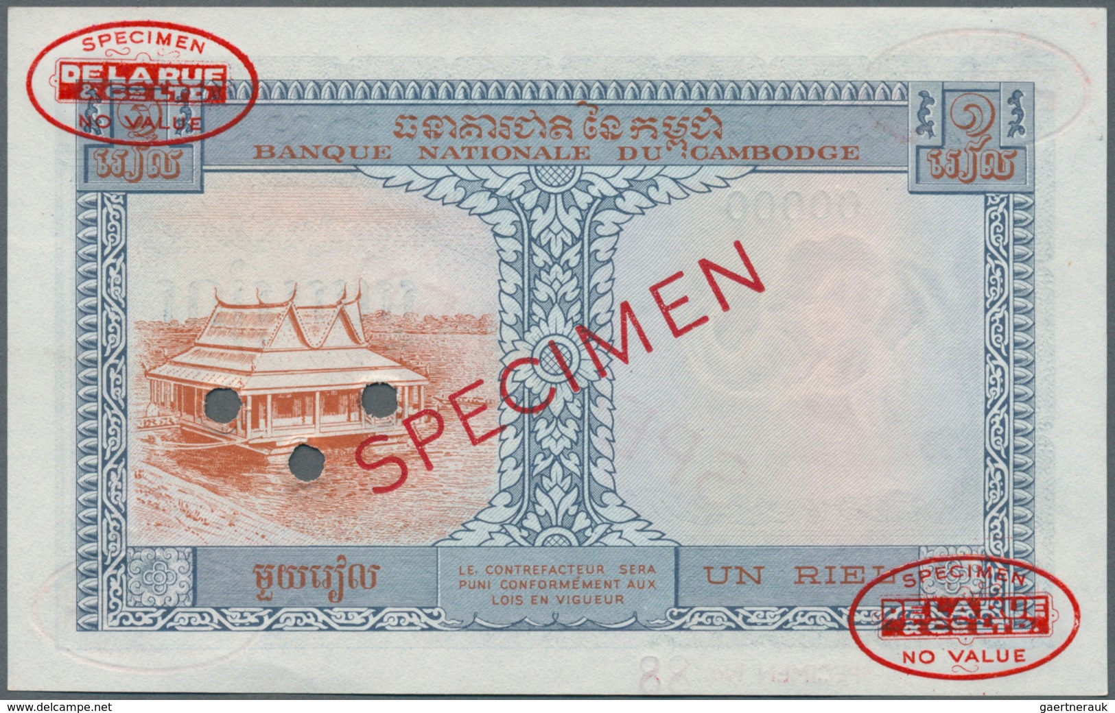 01241 Cambodia / Kambodscha: Banque Nacional Du Cambodge 1 Riel 1955 TDLR Specimen, P.1s In UNC Condition - Cambodja