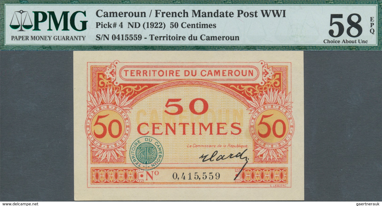 01243 Cameroon / Kamerun: 50 Centimes ND(1922) P. 4, Condition: PMG Graded 58 EPQ. - Camerún