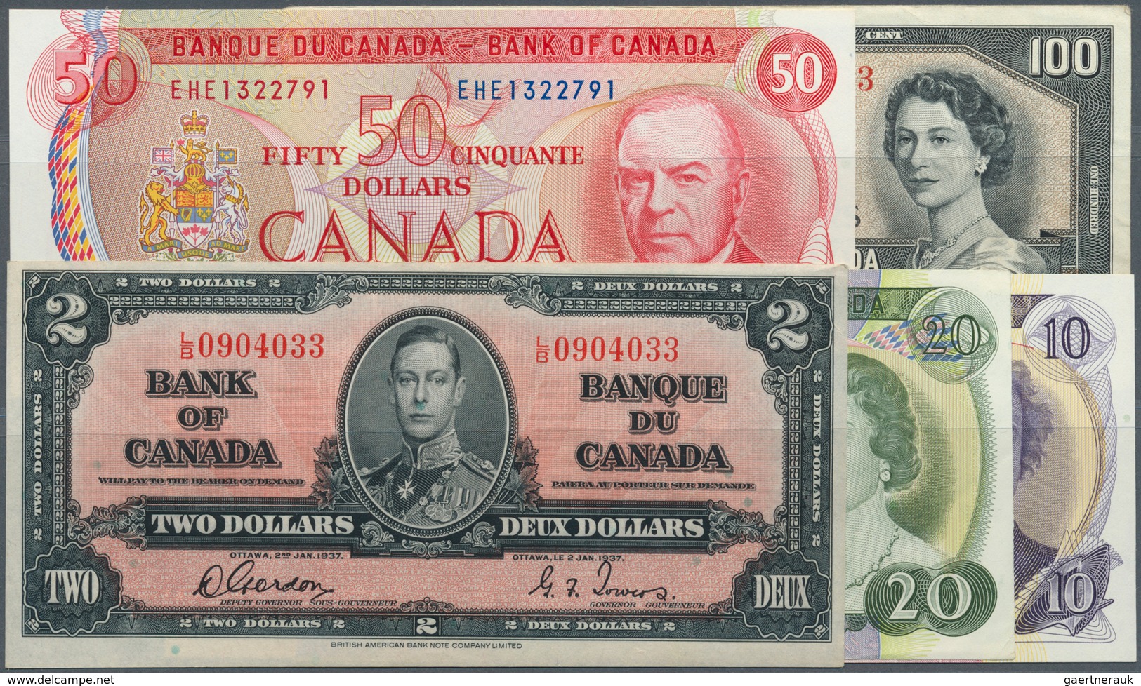 01248 Canada: Set Of 5 Notes Containing 2 Dollars 1937 P. 59b (XF+ To AUNC), 100 Dollars 1954 P. 82b (VF-) - Canada