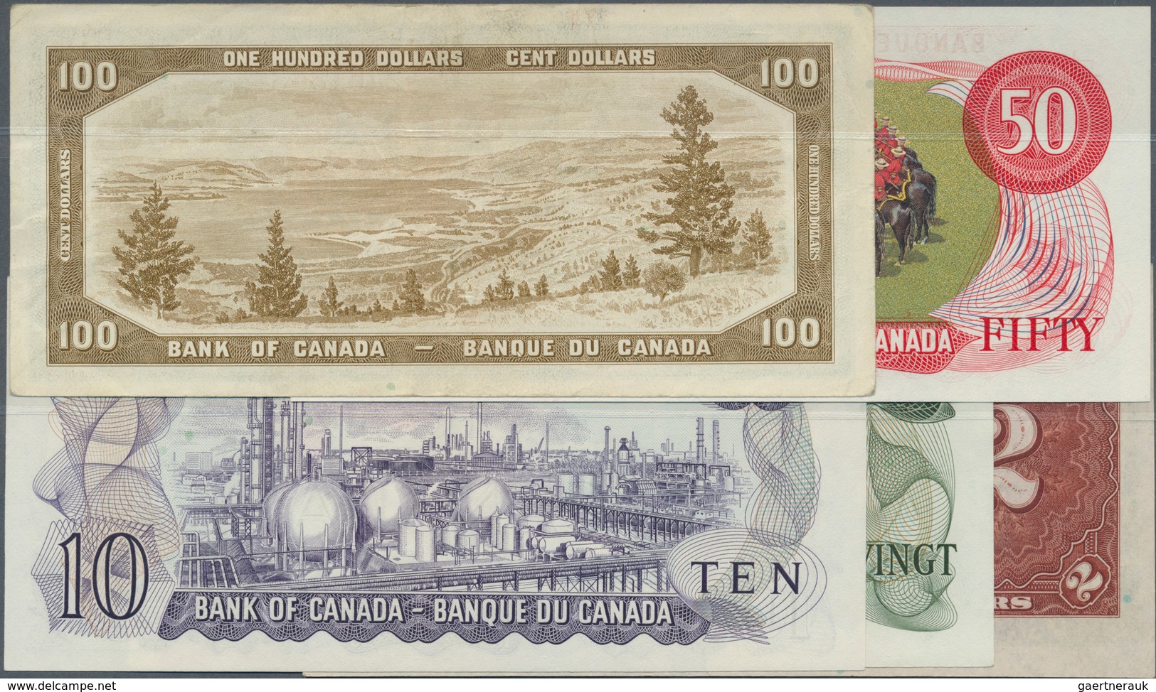 01248 Canada: Set Of 5 Notes Containing 2 Dollars 1937 P. 59b (XF+ To AUNC), 100 Dollars 1954 P. 82b (VF-) - Canada