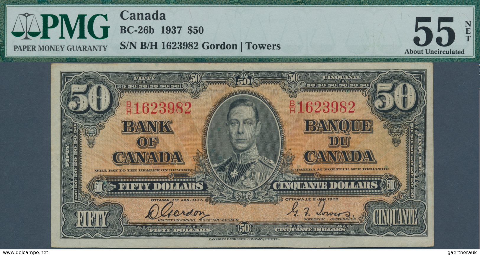 01249 Canada: 50 Dollars 1937 P. 63b, Condition: PMG Graded 55 AUNC NET - Canada