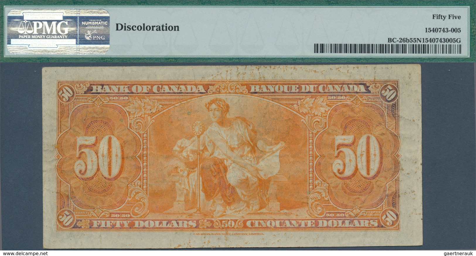 01249 Canada: 50 Dollars 1937 P. 63b, Condition: PMG Graded 55 AUNC NET - Canada