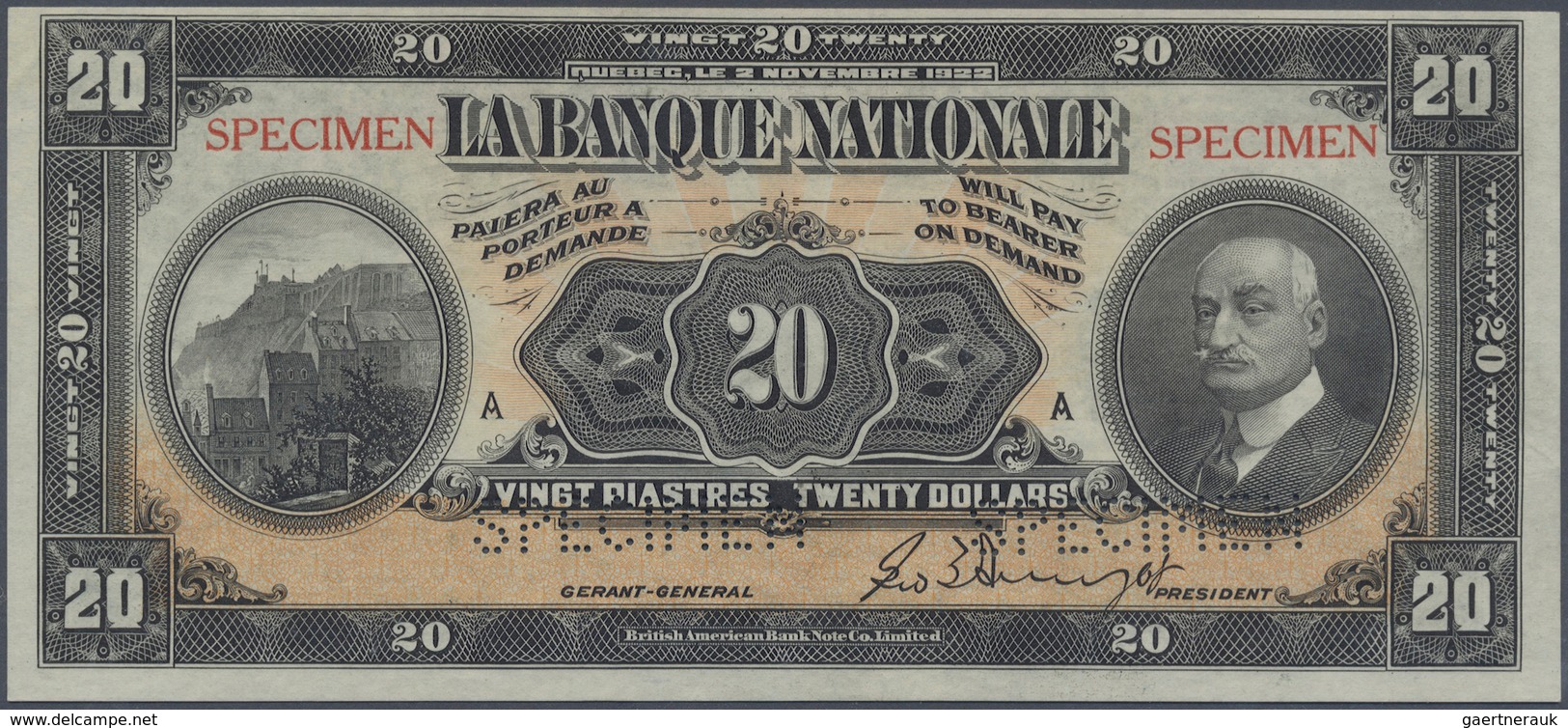 01251 Canada: 20 Dollars / 20 Piastres 1922 Specimen P. S873s Issued By "La Banque Nationale" With Two "Sp - Canada