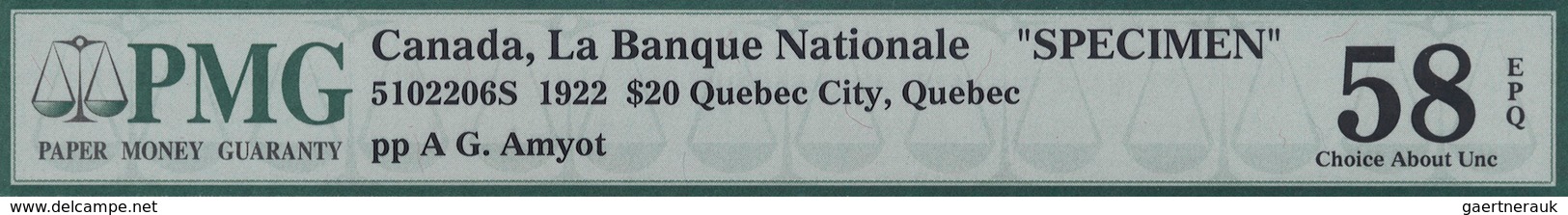 01251 Canada: 20 Dollars / 20 Piastres 1922 Specimen P. S873s Issued By "La Banque Nationale" With Two "Sp - Canada